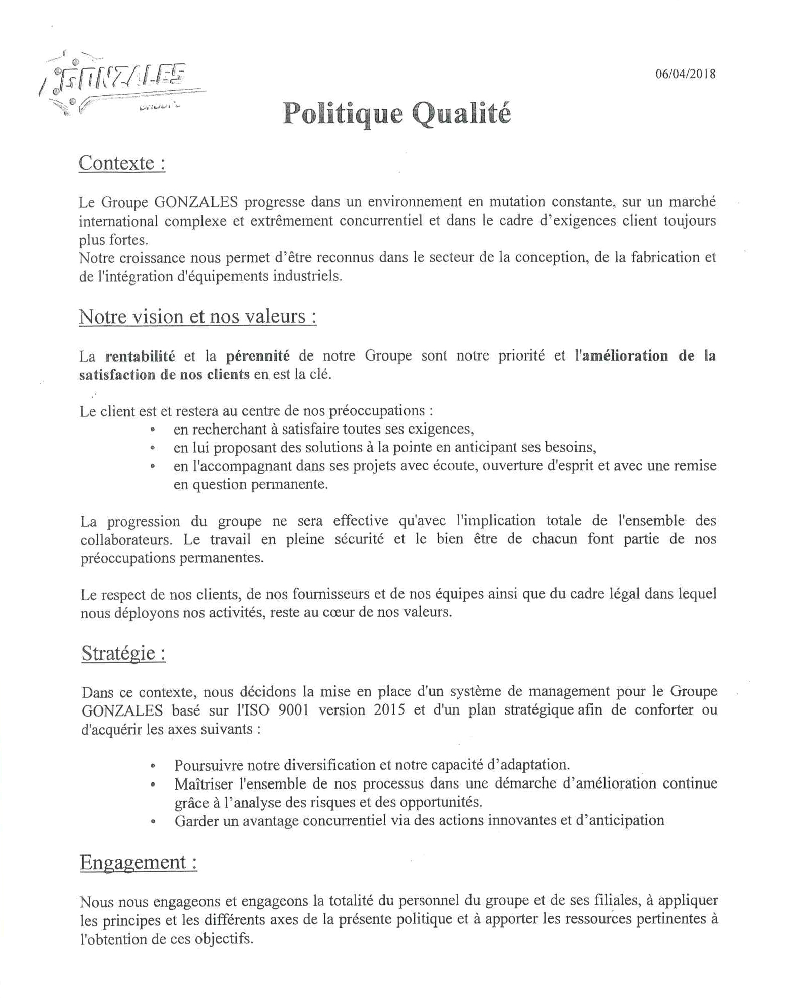 politique qualite Groupe